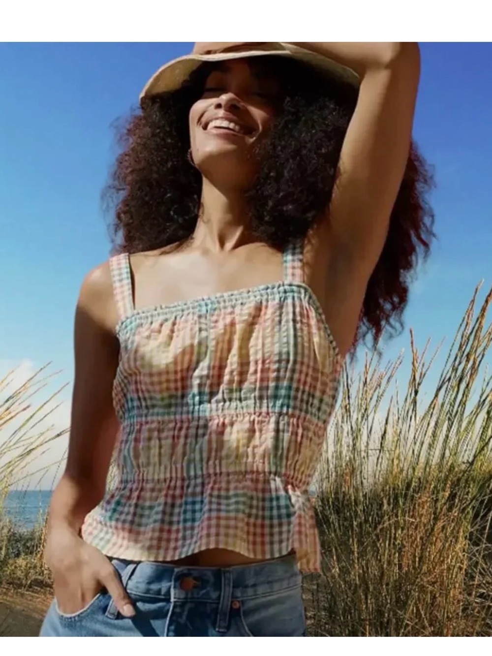 Madewell Seersucker Sophia Peplum Tank Top - Multicolor Gingham Check